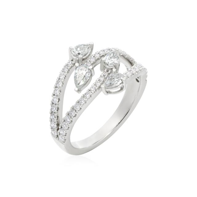 Brilliant Round & Pear Diamond Ring, 14K White Gold, 1.08tw Diamonds, Modern Luster