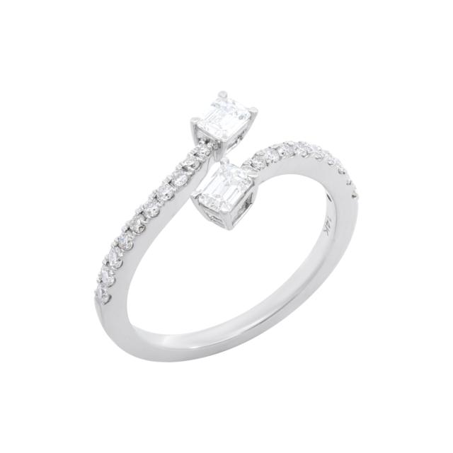 Open Bypass Ring, 14K White Gold, 0.67tw Round & Baguette Diamonds, Artistic Flair