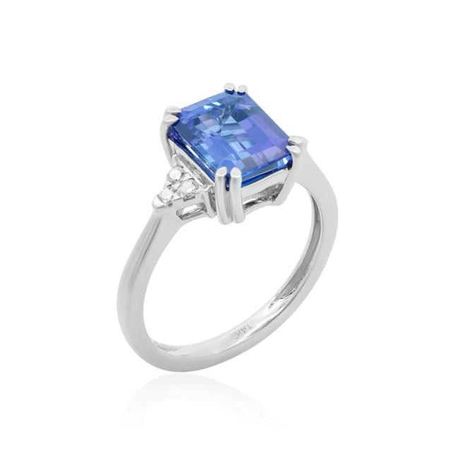 Tanzanite Ring 14K White Gold, 2.87tw Emerald Cut Tanzanite 0.10ctw Round Diamond, Purple Brilliance