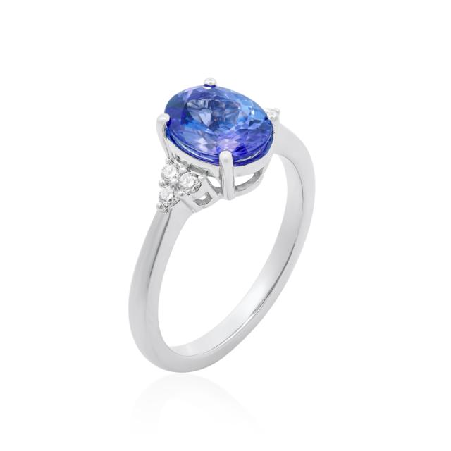 Tanzanite Ring, 14K White Gold, 1.86tw Oval Tanzanite Center, 0.12tw Round Diamond, Purple Elegance