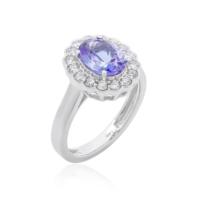 Halo Tanzanite Ring, 14K White Gold, 1.96tw Oval Tanzanites, 0.46tw Round Diamonds, Size 7, Magestic