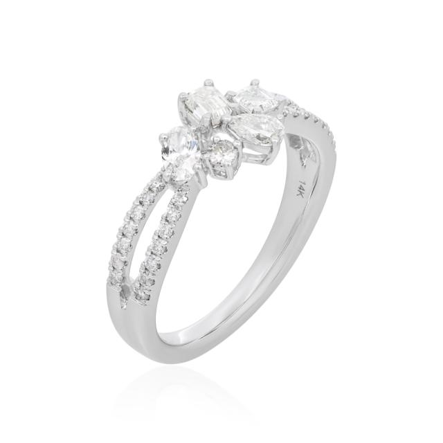 Flower Diamond Ring, 14K White Gold, 0.81tw Round, Pear, Ascher, Oval Diamonds,  Faceted Glow