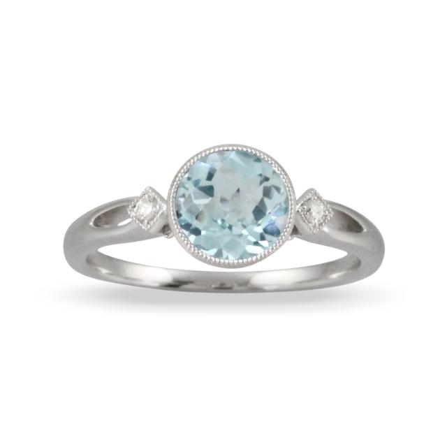 Blue Topaz Diamond Ring, 18K White Gold, Round Topaz, 0.04tw Round Diamonds, Milgrain, Vivid Color