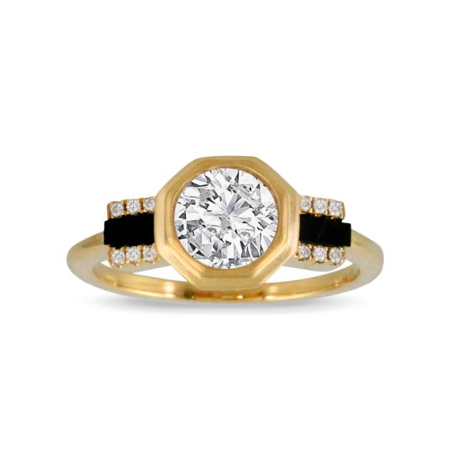 Golden Satin Octagon Ring, 18K Yellow Gold, 0.06tw Diamonds & Onyx, Art Deco Fashion