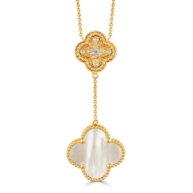 Clover & Pearl Necklace - 18K Yellow Gold, 0.07tw Diamonds, Radiant Lucky Clover