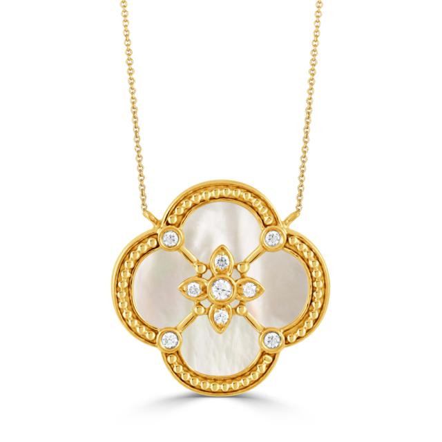 Radiant Clover Necklace, 18K Yellow Gold, 0.12tw Diamonds & Pearl, Whimsical Elegance