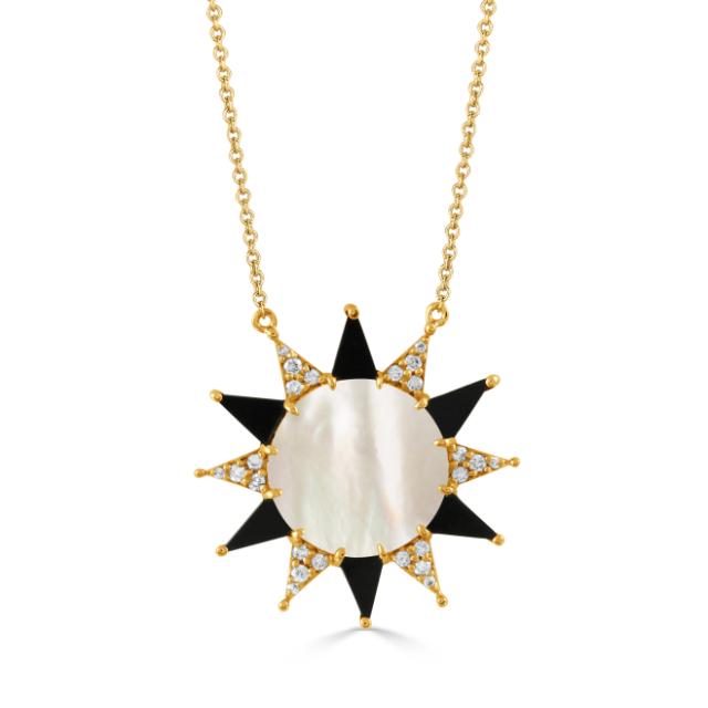 Sunburst Harmony Necklace 18K Yellow Gold with diamonds, black onyx, and mother of pearl sun for a p