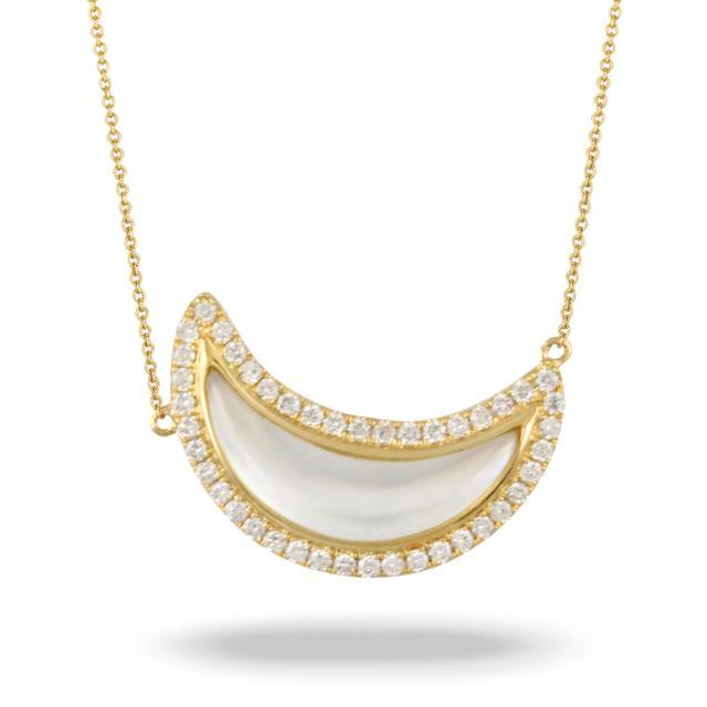 Crescent Moonlight Pendant 18K Yellow Gold with diamonds and clear quartz over white mother of pearl