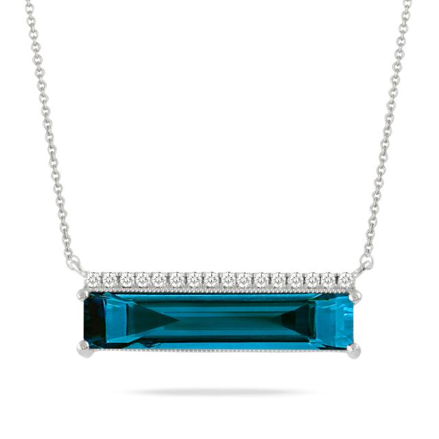 Elongated Elegance Necklace 18K White Gold with diamonds and elongated blue topaz, East-West stunnin