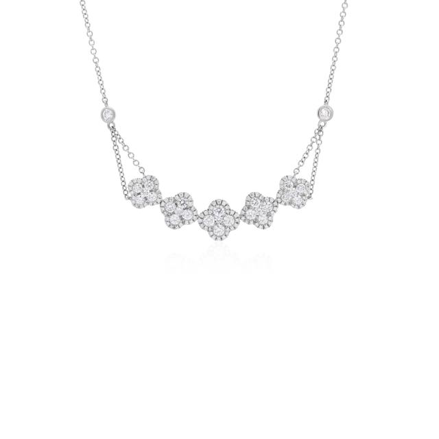 Clover Cluster Necklace - 14K White Gold, 1.47ctw Round Diamonds, Charming Floral Design