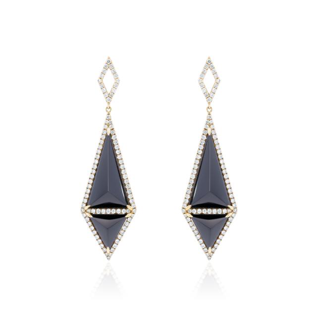 Trillian Onyx Drop Earrings -18K Yellow Gold, 18.56tw Trillian Onyxs, 1.18tw Round Diamonds, Geometr