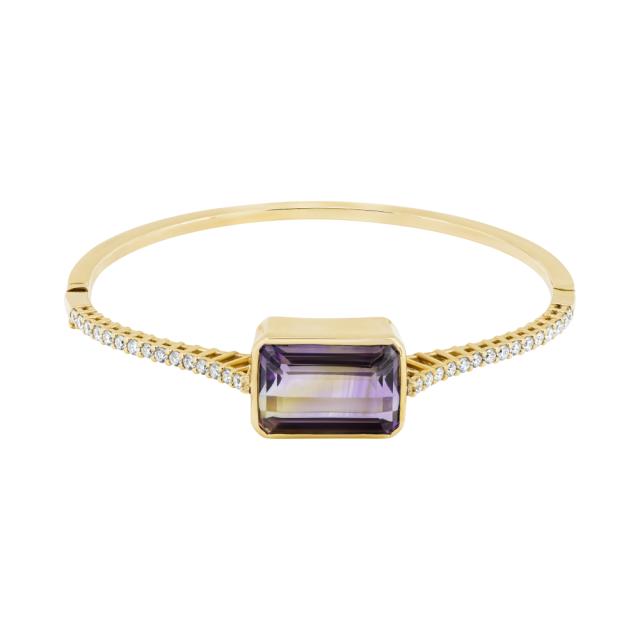 Ametrine & Diamond Bezel Bangle, 18K Yellow Gold, 23.50ct Emerald Cut Ametrine Quartz, Purple Energy