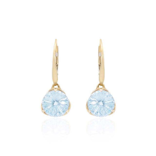 Fantasy Blue Topaz Earrings - 9K Yellow Gold, Three-Prong Basket Drop, Unique Style