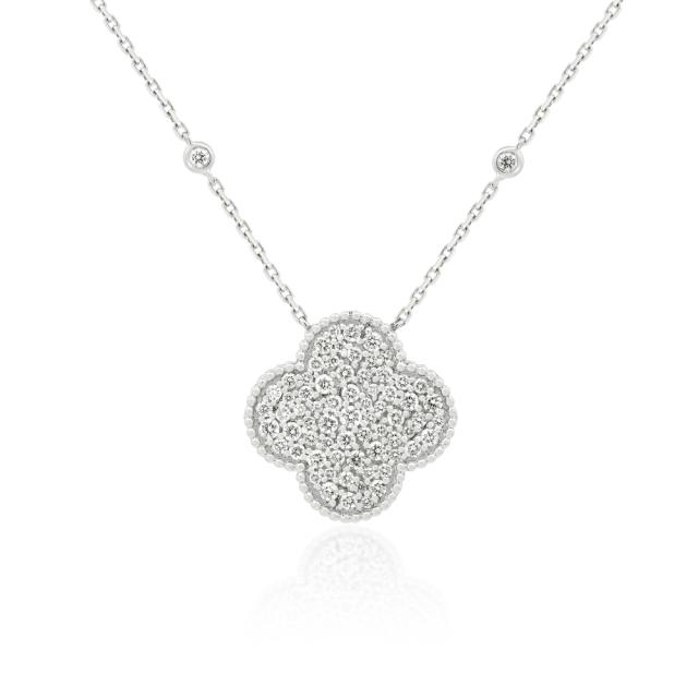 Pave Clover Necklace - 14K White Gold, 1.32ctw Round Diamonds, Delicate and Elegant