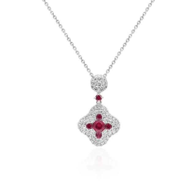 Ruby Halo Pendant - 14K White Gold, 0.44tw Diamonds & Ruby, Royal Enchantment