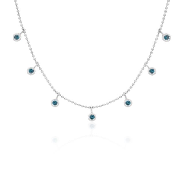 Charm & Diamond Necklace,14K White Gold, 0.28tw Diamonds, Blue Accents, Whimsical Elegance