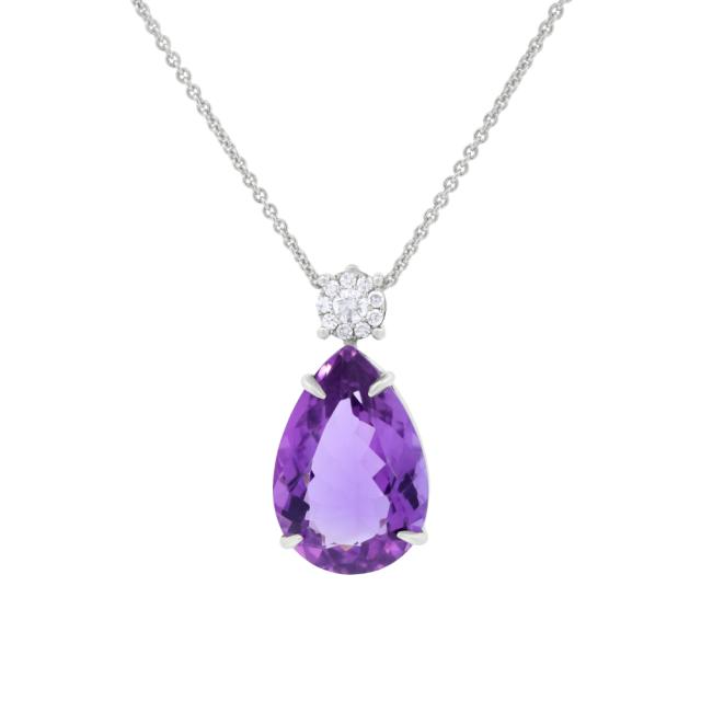 Rich Amethyst Pendant 18K White Gold, 0.55CTW Diamond, Purple Elegance