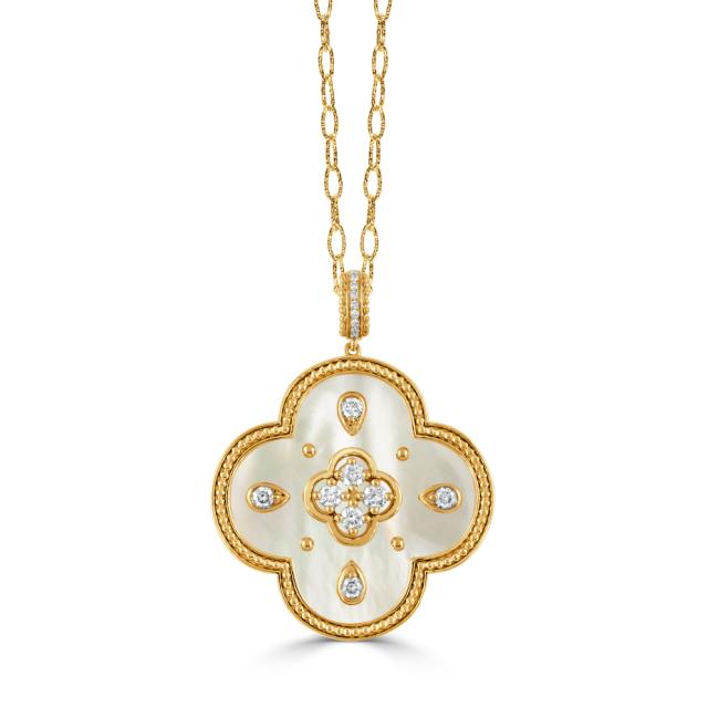 Mother of Pearl Clover Pendant - 18K Yellow Gold, 0.48tw Diamonds, Radiant Fortune