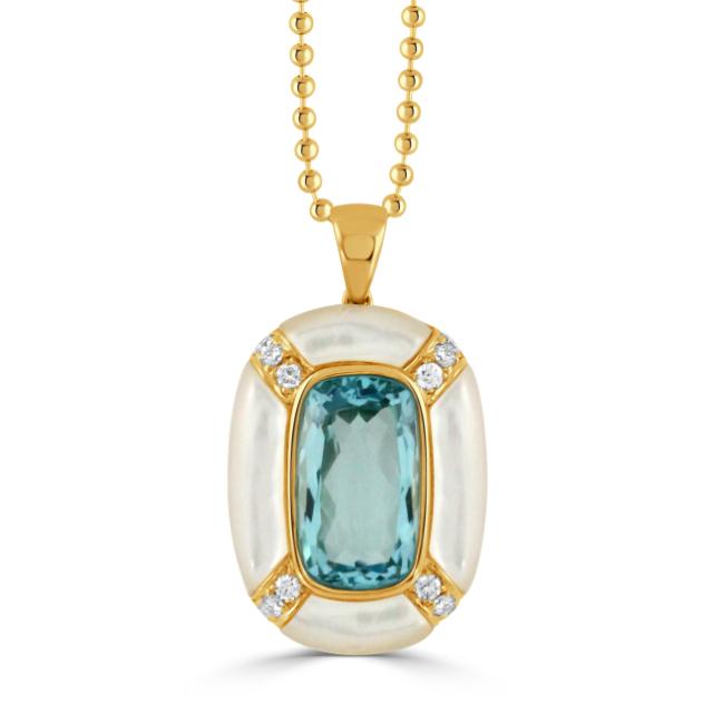 18K Yellow Gold, Mother of Pearl/Diamond, Blue Topaz Center on Paperclip Chain, Stunning Brilliance