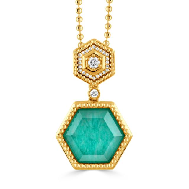 Amazonite Over Clear Quartz/Diamond 18K Yellow Gold, Diamond Pendant W Paperclip Chain, Dual Sparkle