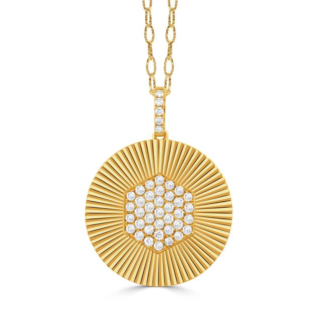 Art Deco Mirror Pendant 18K Yellow Gold with diamonds, featuring a round mirror design, Art Deco sty