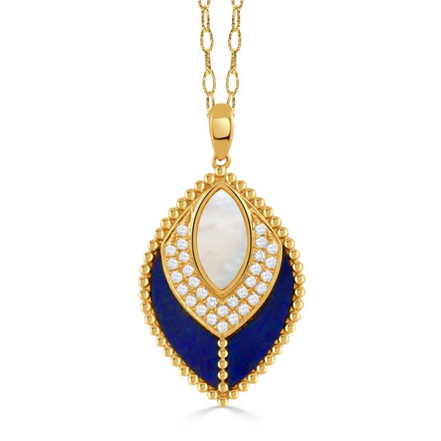 Lapis Leaf Pendant 18K Yellow Gold with diamonds, white mother of pearl, and lapis leaf motif