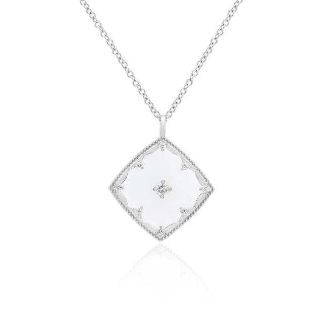 Cushion Glass Pendant, 14K White Gold, 0.12tw Round Diamonds, Modern Impression