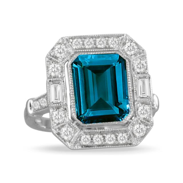 Halo Topaz Ring 18K White Gold with baguette and round diamonds, blue topaz and diamond brilliance