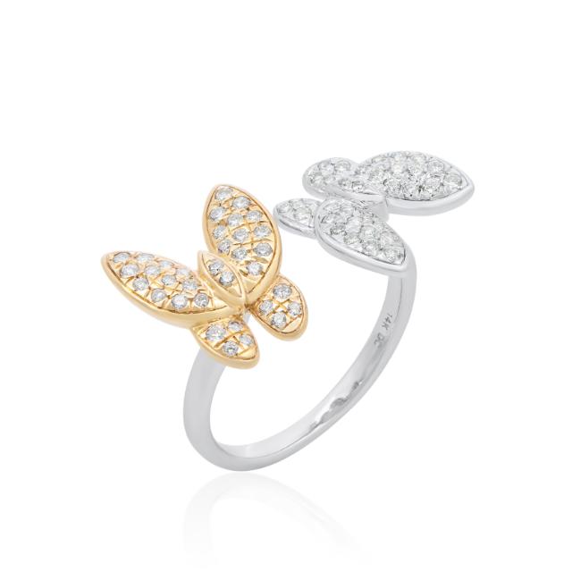 Two Tone Butterfly Fashion Open Ring, 14K  White Gold/Yellow Gold 0.50tw Diamond, Delicate Glow