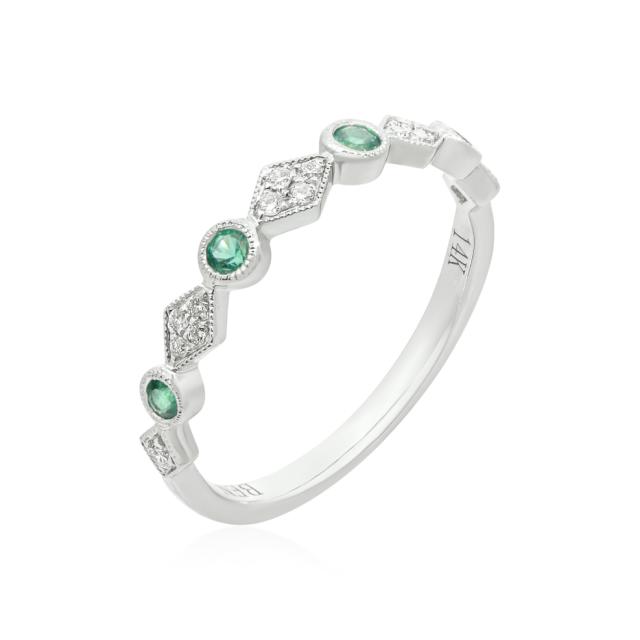 Emerald Diamond Accent Ring, 14K White Gold, 0.12tw Emerald, 0.09ctw Diamond Simple Elegance