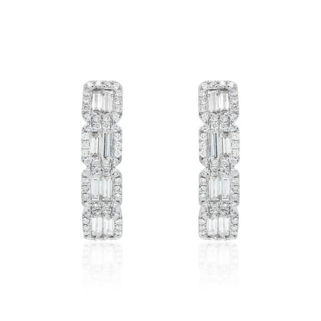 Diamond Hoop Earrings, 18K White Gold, 0.45ctw, Baguette & Round, Classic Brilliance