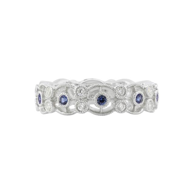 Sapphire Beaded Band 18K White Gold 0.28cttw brilliant round diamonds with sapphire and beaded bezel