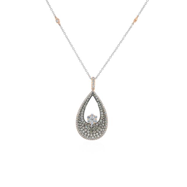 Floating Flower Pendant 18K Two Tone White/Rose Gold 1.75cttw diamond, tear drop with bezel chain