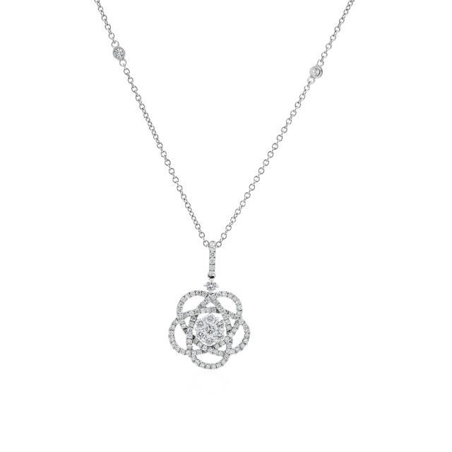 Flower Center Pendant 18K White Gold 0.90cttw brilliant round diamonds with bezel diamond chain