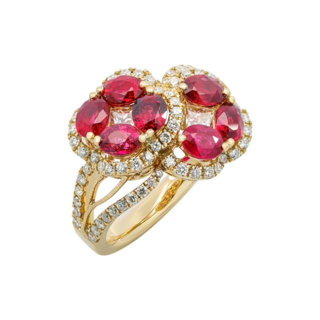 Golden Ruby Blossom 18K Yellow Gold adorned with 0.91cttw diamonds and rubies in a floral design