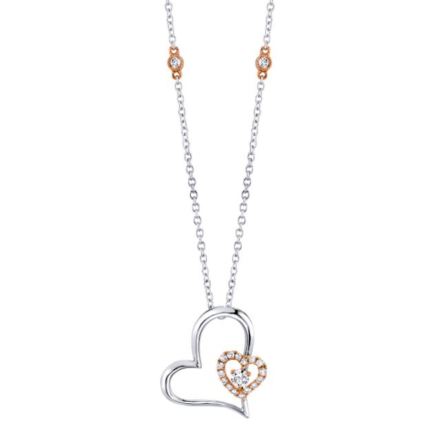 18K TT White Gold/Rose Gold 0.28CT Round Diamond Milgrain Bezel Chain Double Heart Necklace, Brillia