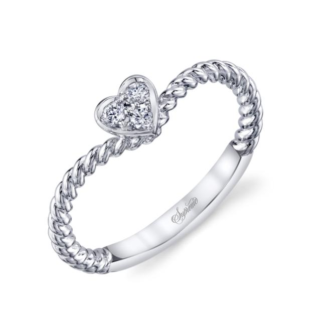 14K White Gold 0.09CT  Round Diamond 3 Stone Heart Rope Finish Ring, Delicate Love Statement