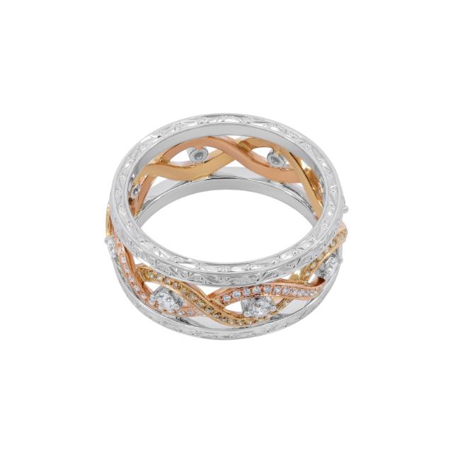 Infiniti Men's Ring 18K Tri-Color Gold with 0.64cttw antique design diamonds, triple sophistication