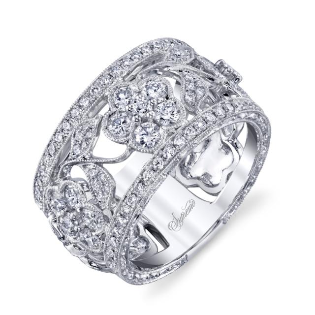 Flower Band 18K White Gold 1.62cttw brilliant round diamonds in a beaded Art Deco flower design