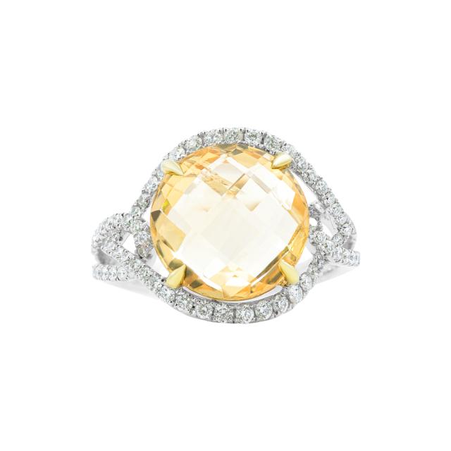 Radiant Citrine Ring, 18K White Gold 0.51cttw diamond Halo Artistic Vibrant Color