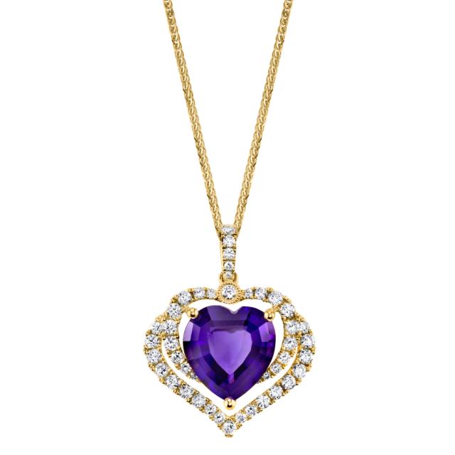 18K Yellow Gold 0.57CT Round Diamond Halo 3.01CT Heart Shaped Amethyst Pendant Dual, Purple Majesty