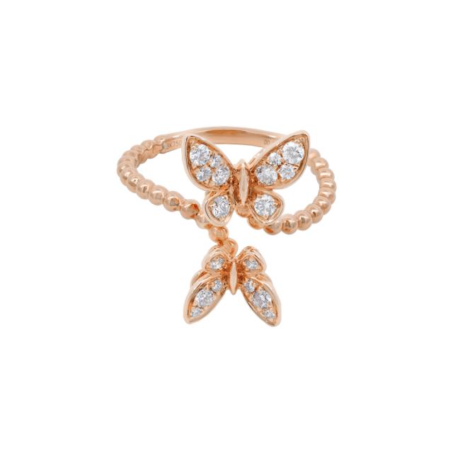 Delicate Butterfly Ring 18K Rose Gold adorned with 0.33cttw diamonds, featuring a butterfly design