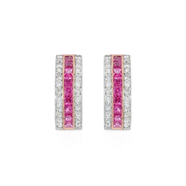 Pink Sapphire Hoops 18K Two-Tone White/Yellow Gold 0.52cttw diamonds with pink sapphire, 3-row oval 