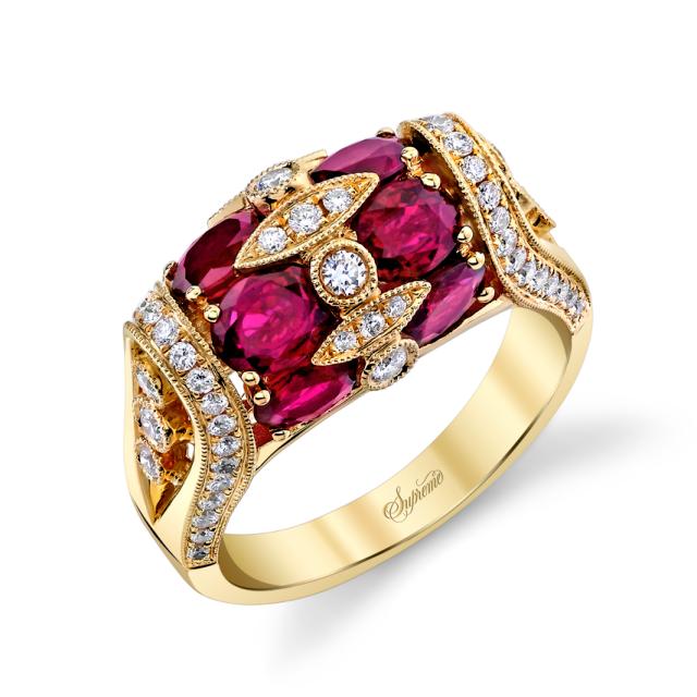 18K Yellow Gold with 0.69cttw diamonds and rubies in an Art Deco-inspired design