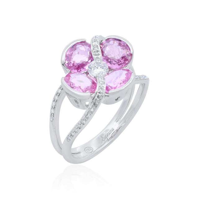 Floral Pink Elegance 18K White Gold featuring a floral motif with 0.27cttw diamonds and sapphires