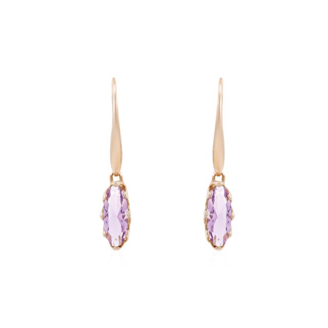 Elegant Amethyst Drop Earrings, 14K Yellow Gold, Leverback, Elongated Oval, Stunning Brilliance