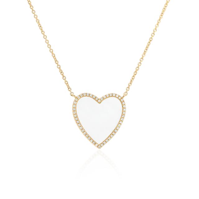 Heart & Pearl Necklace - 14K Yellow Gold, 0.12tw Diamonds, Romantic Nature